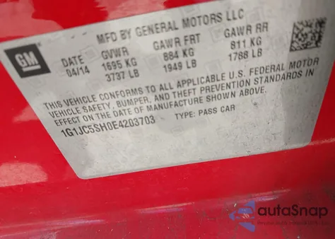 2014 Chevrolet Sonic Lt from USA, damaged, VIN 1G1JC5SH0E4203703